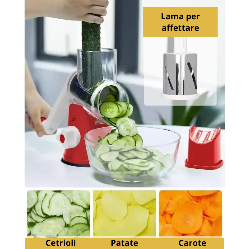 Affettaverdure Manuale Rotante in Acciaio Inox con 3 Lame Intercambiabili – Colori Blu o Rosso.
