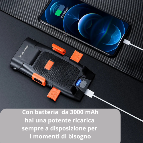 Luce anteriore per bicicletta a LED. 5 in 1, luce, clacson, supporto per telefono, power bank, ricaricabile tramite USB.