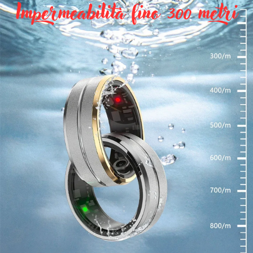 Anello smart per Android e Ios. Cardiofrequenzimetro, impermeabile IP68 fino -300 mt, multi-sport, controllo del sonno.