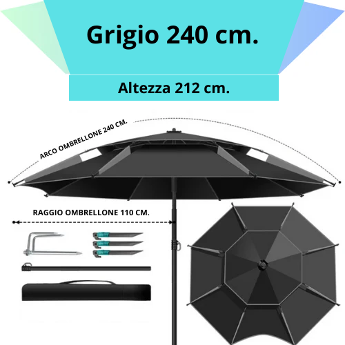 Ombrellone rotondo da 180 a 260 cm. con snodo a molla. Resistente ai raggi UV, impermeabile, regolabile a 360°.