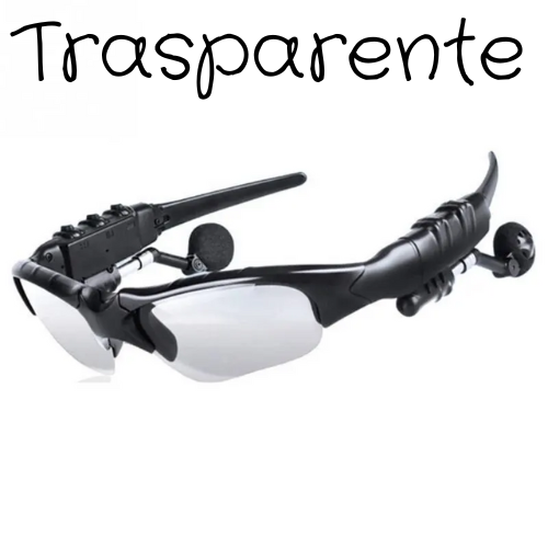 Occhiali con cuffie stereo antirumore, wireless con microfono. Da sole, per guida, ciclismo, sport.