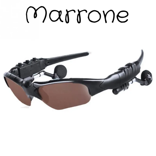 Occhiali con cuffie stereo antirumore, wireless con microfono. Da sole, per guida, ciclismo, sport.