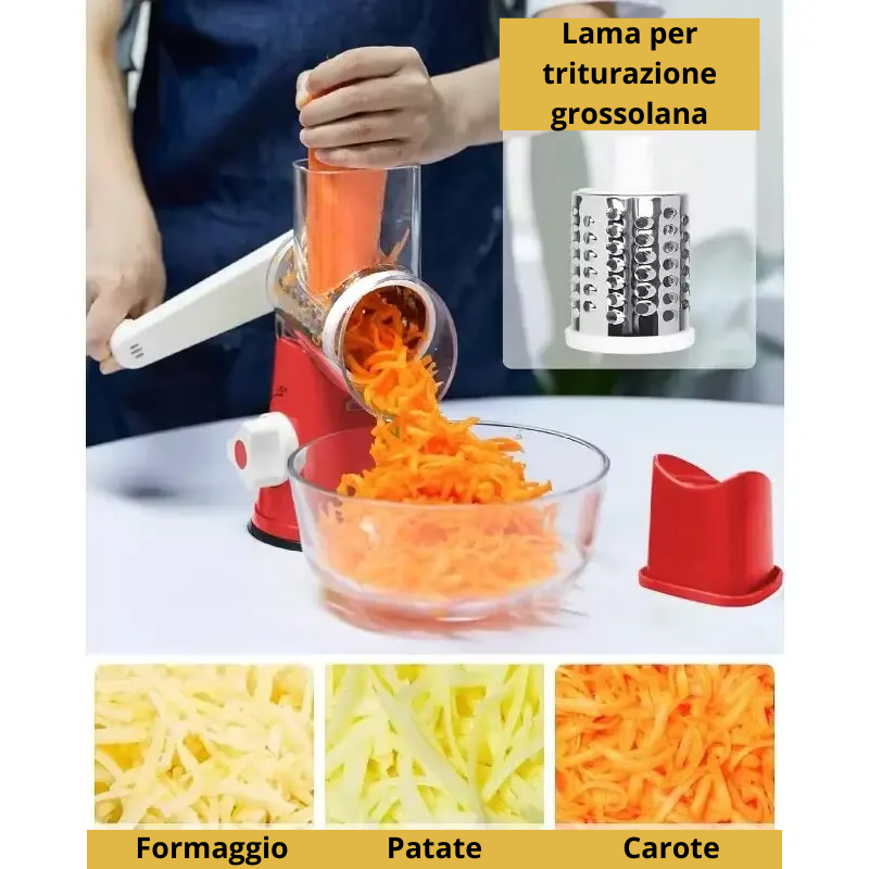Affettaverdure Manuale Rotante in Acciaio Inox con 3 Lame Intercambiabili – Colori Blu o Rosso.