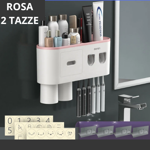 Portaspazzolino Multifunzione da Parete. Dispenser Automatico di Dentifricio – Kit Completo per Famiglia.