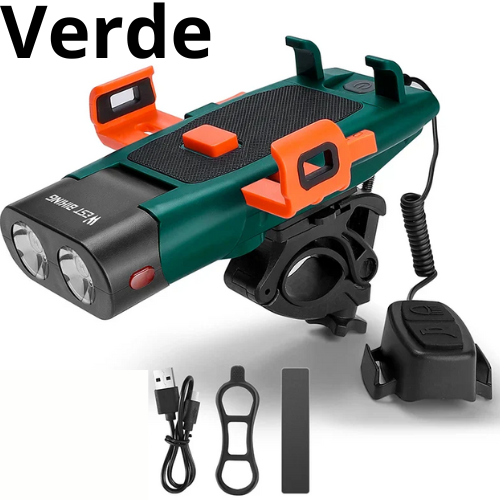 Luce anteriore per bicicletta a LED. 5 in 1, luce, clacson, supporto per telefono, power bank, ricaricabile tramite USB.