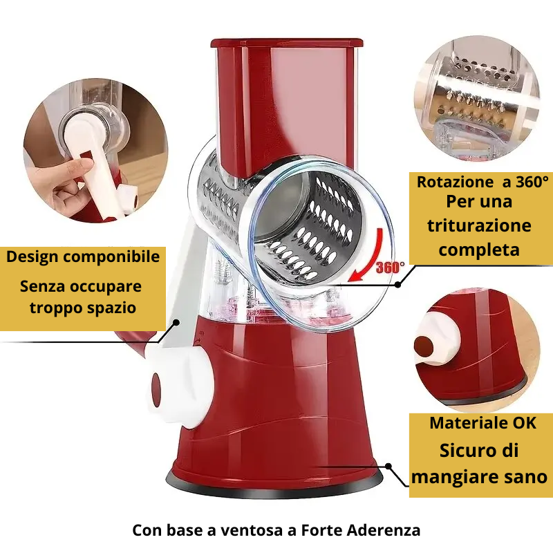 Affettaverdure Manuale Rotante in Acciaio Inox con 3 Lame Intercambiabili – Colori Blu o Rosso.
