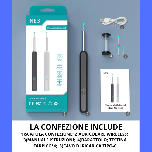 Strumento per la pulizia delle orecchie con telecamera e luce LED ad alta precisione. Wireless, con kit accessori.