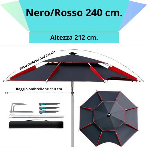 Ombrellone rotondo da 180 a 260 cm. con snodo a molla. Resistente ai raggi UV, impermeabile, regolabile a 360°.