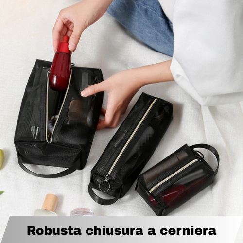 Beauty Case Organizer da Viaggio per Trucco e Articoli da Toeletta – Borse per Cosmetici Trasparenti in Rete, Disponibile in 3 Misure.