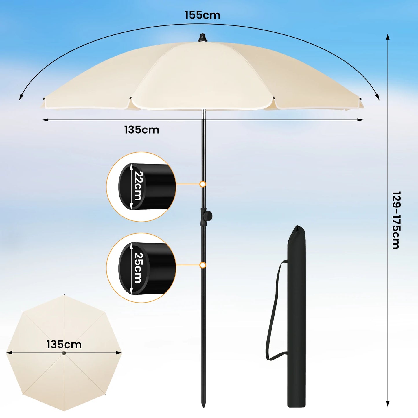 Ombrellone rotondo, resistente ai raggi UV, impermeabile, altezza regolabile, angolazione fino 45°, 2 misure disponibili.