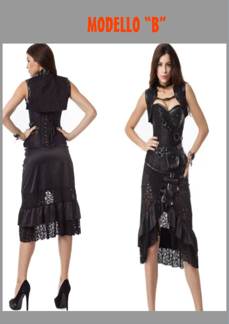 Abito da donna. Set top con gonna e con accessori. Ideale come costume per carnevale, cosplay, feste.