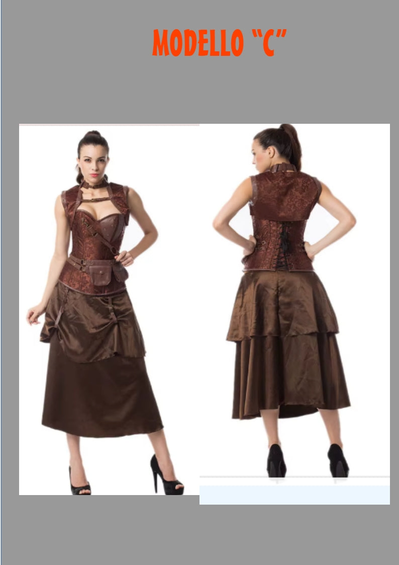 Abito da donna. Set top con gonna e con accessori. Ideale come costume per carnevale, cosplay, feste.