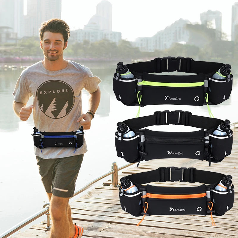 Marsupio sportivo con borracce. Progettato per gli amanti della corsa, del trekking e delle attività outdoor.