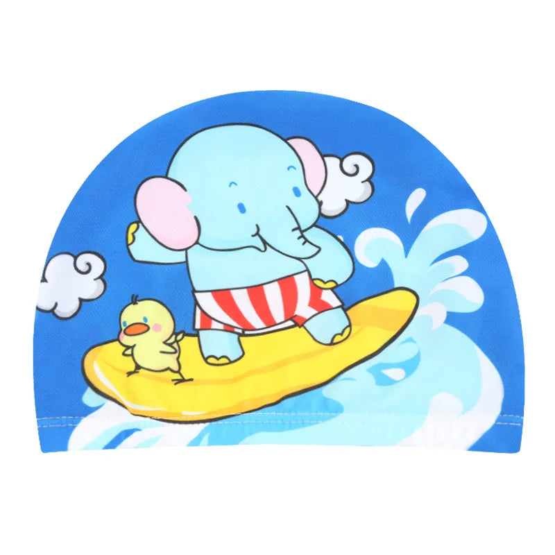 Cuffia da nuoto per bambini. Protezione per capelli e per orecchie in tessuto elastico. Con immagini di cartoni animati.