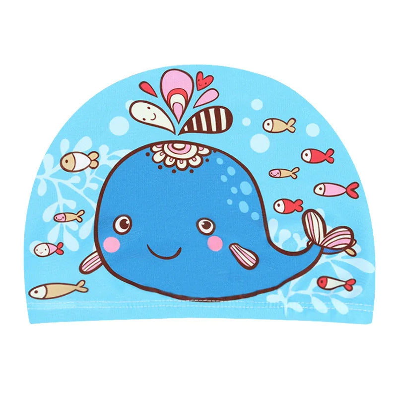 Cuffia da nuoto per bambini. Protezione per capelli e per orecchie in tessuto elastico. Con immagini di cartoni animati.