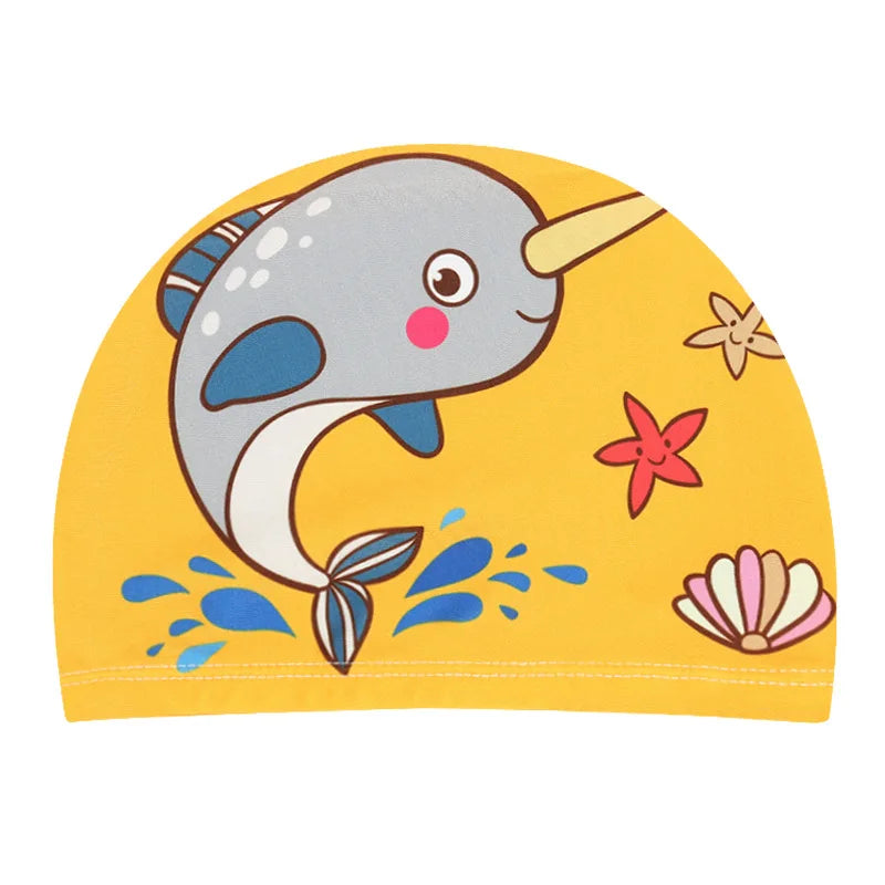Cuffia da nuoto per bambini. Protezione per capelli e per orecchie in tessuto elastico. Con immagini di cartoni animati.