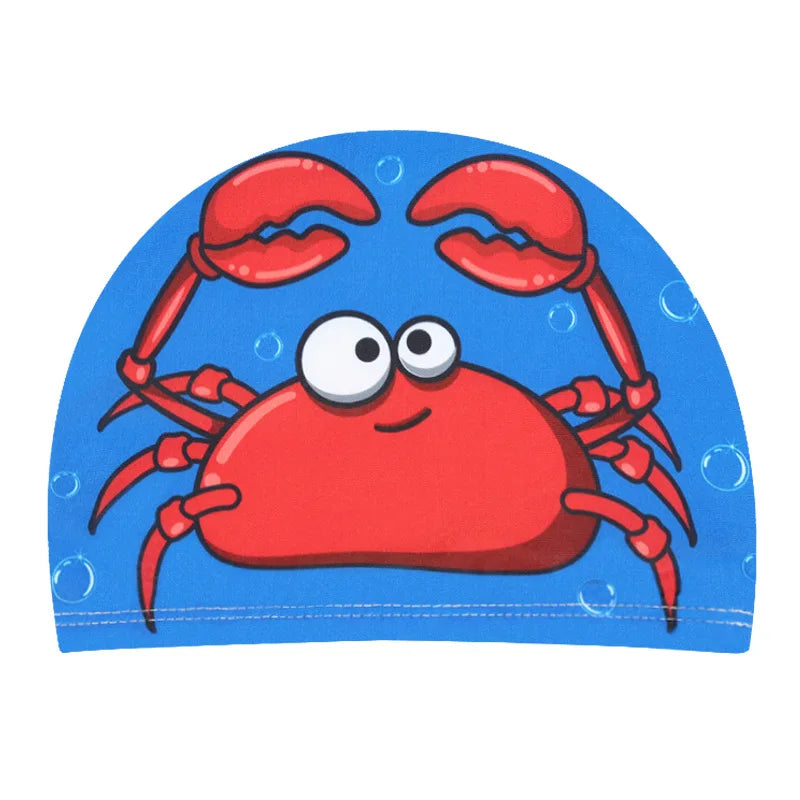 Cuffia da nuoto per bambini. Protezione per capelli e per orecchie in tessuto elastico. Con immagini di cartoni animati.