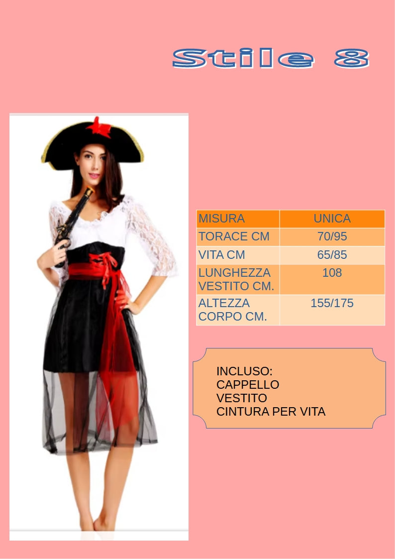 Abito pirata da donna. Ideale come costume per carnevale, cosplay, feste.