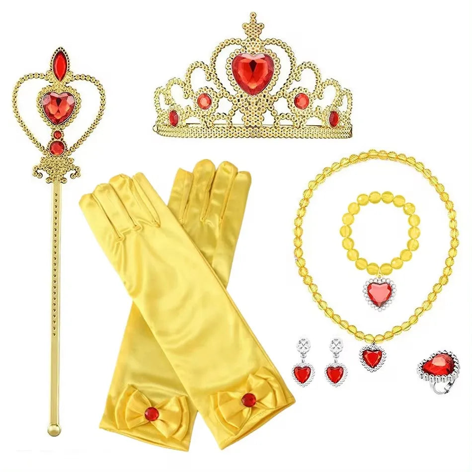 Accessori per abito principessa. Set gioco composto da 7 pezzi da abbinare ad abito per carnevale, cosplay, feste.