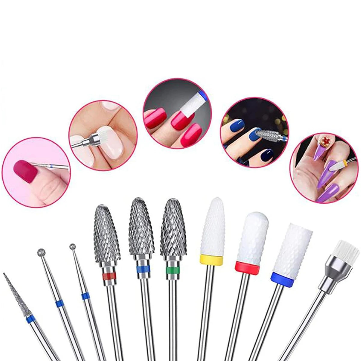Punte per unghie "nail art". Set 10 punte in ceramica e acciaio al tungsteno per trapano.