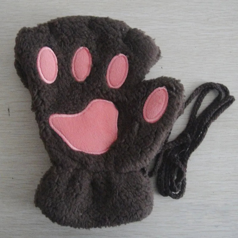 Guanti da donna in peluche senza dita a forma di zampa di gatto. Morbidi, caldi, simpatici e carini.