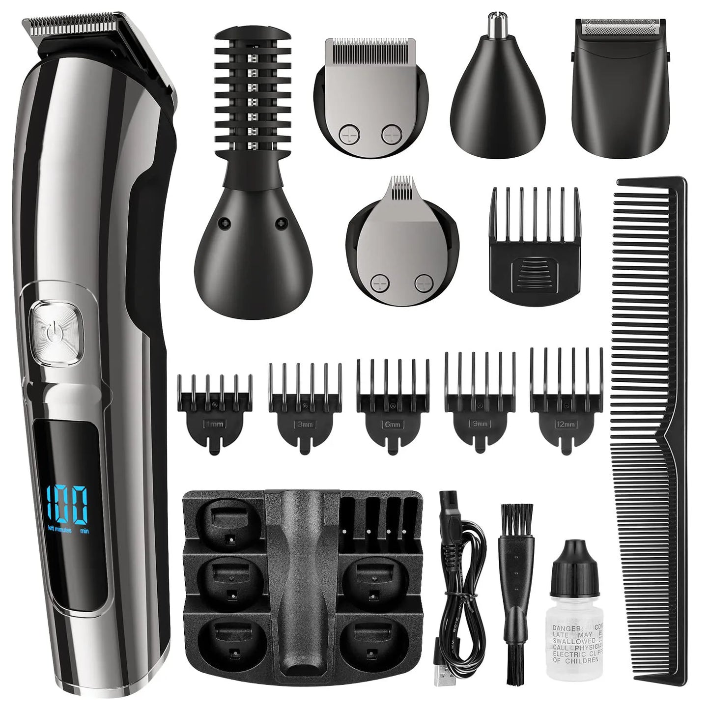 Tagliacapelli Multifunzione Ricaricabile. Kit Completo per Rasatura di Tutto il Corpo. Schermo LCD. Kit per la Cura dei Capelli, Barba e Peli.