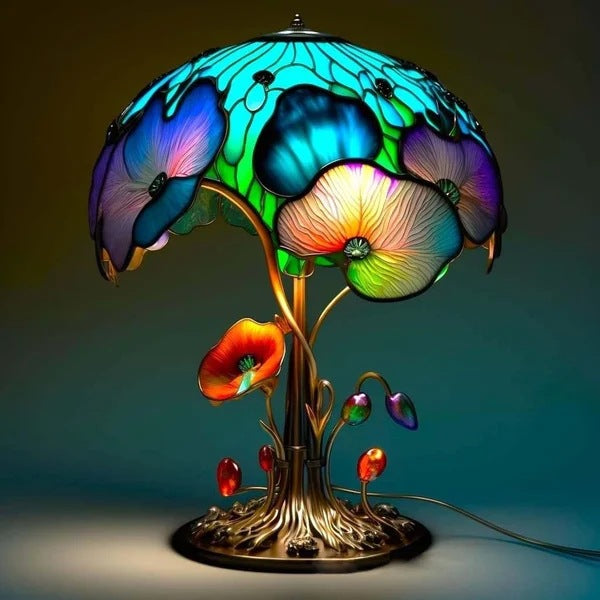 Lampada da tavolo creativa della serie di piante colorate in resina. Lampada colorata crea atmosfera a forma di fiore, fungo.