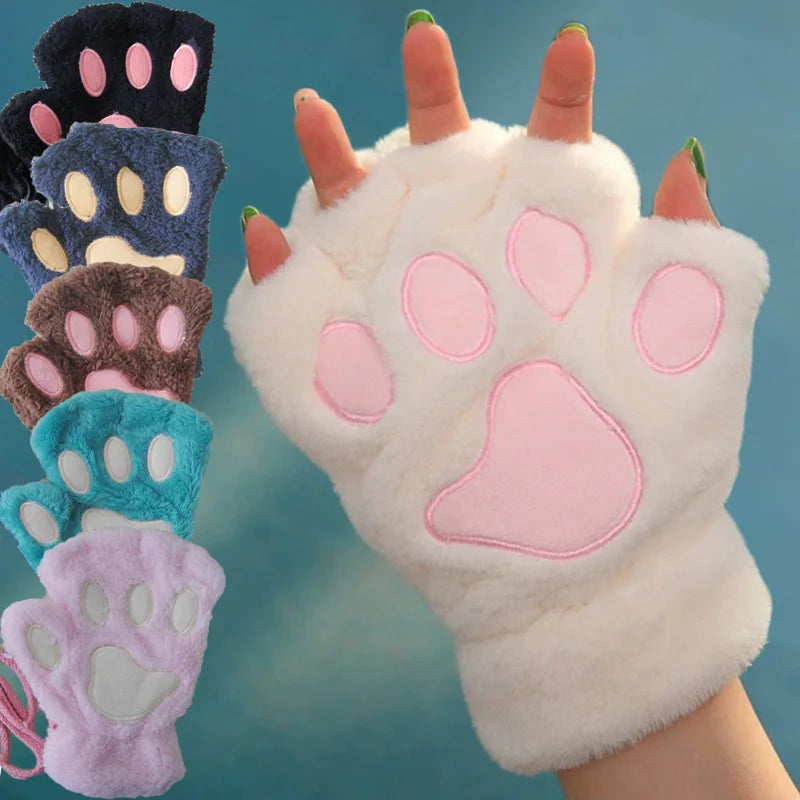 Guanti da donna in peluche senza dita a forma di zampa di gatto. Morbidi, caldi, simpatici e carini.