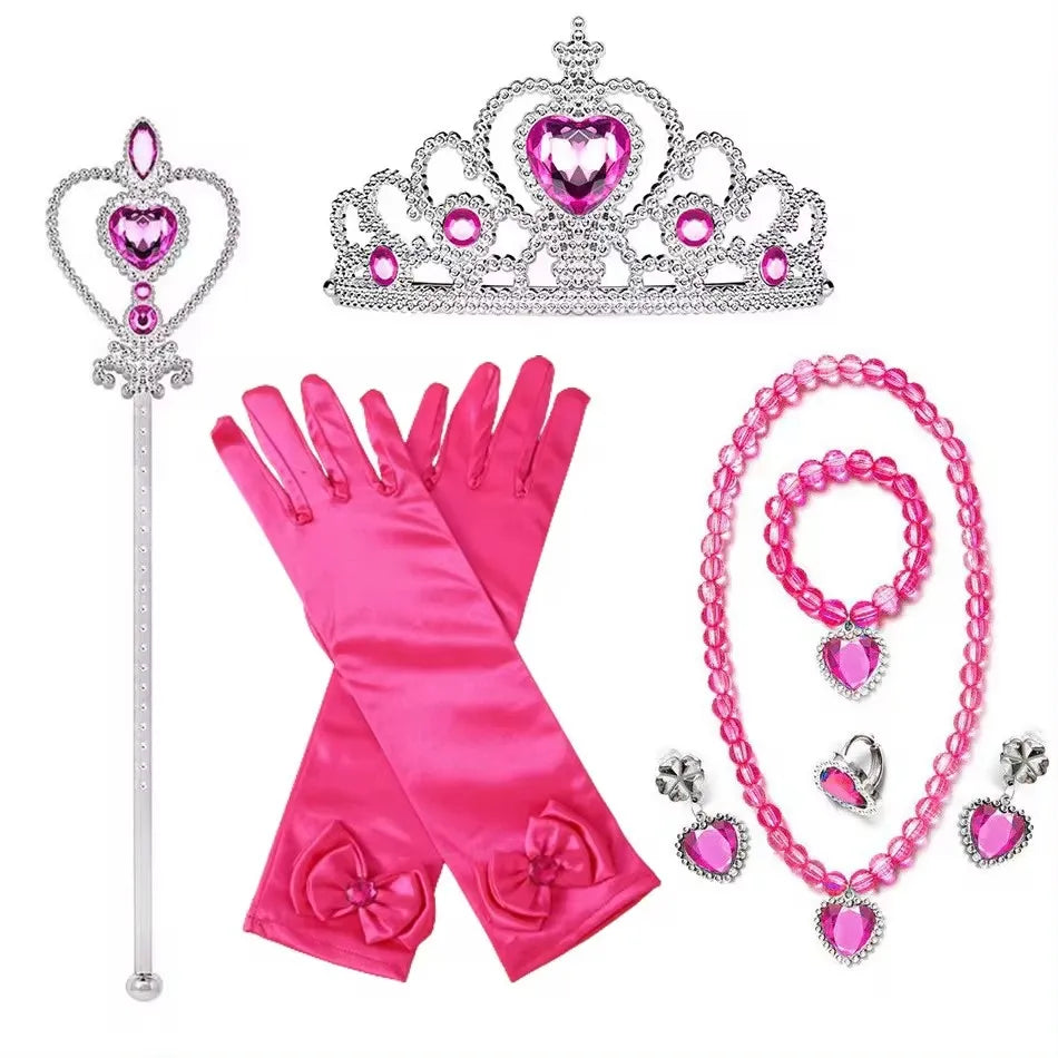 Accessori per abito principessa. Set gioco composto da 7 pezzi da abbinare ad abito per carnevale, cosplay, feste.