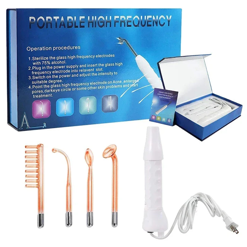 Dispositivo Alta Frequenza per Terapia Facciale 4 in 1 – Bacchetta Galvanica con 4 Elettrodi in Vetro – Anti-Rughe, Rimozione Acne, Stimolazione Capelli, Bellezza Viso.