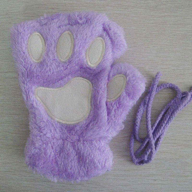 Guanti da donna in peluche senza dita a forma di zampa di gatto. Morbidi, caldi, simpatici e carini.