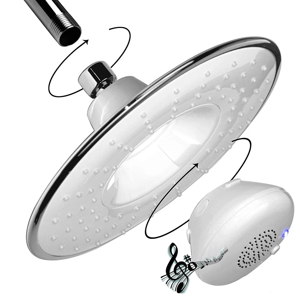Soffione doccia con altoparlante Bluetooth diametro 21.5 cm. Riproduzione musicale wireless, usb.