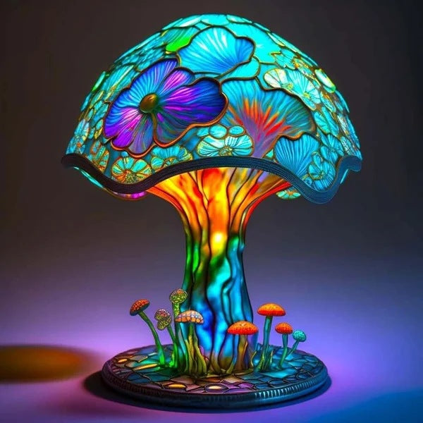 Lampada da tavolo creativa della serie di piante colorate in resina. Lampada colorata crea atmosfera a forma di fiore, fungo.