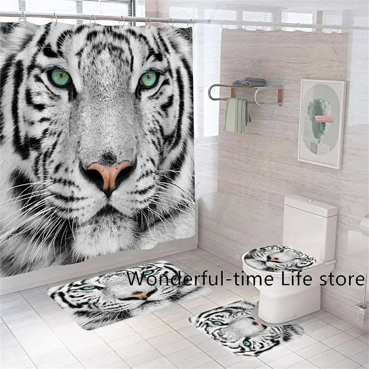 Set 1/3/4 pezzi tenda 3D da doccia, tappeto antiscivolo, tappetino a forma di U del wc e tappeto copertura coperchio wc. Immagini assortite.