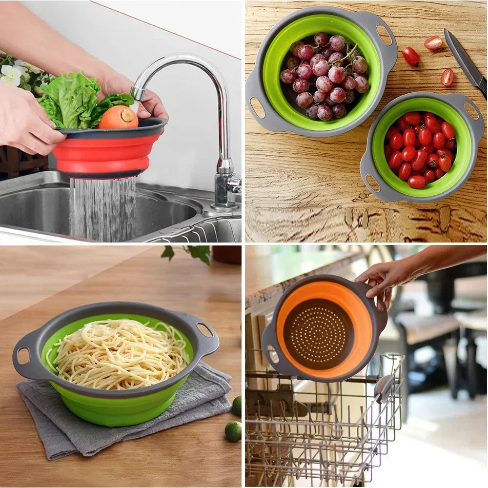 Scolapasta in silicone pieghevole, cestino per lavaggio frutta, verdura e contenitore.