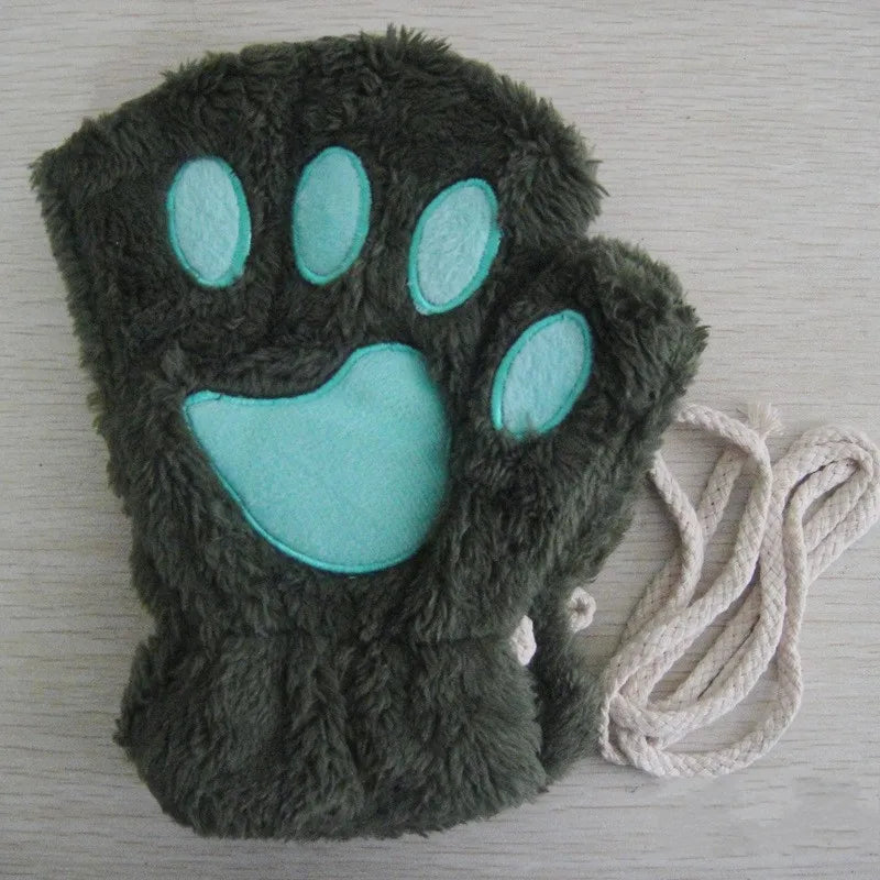 Guanti da donna in peluche senza dita a forma di zampa di gatto. Morbidi, caldi, simpatici e carini.