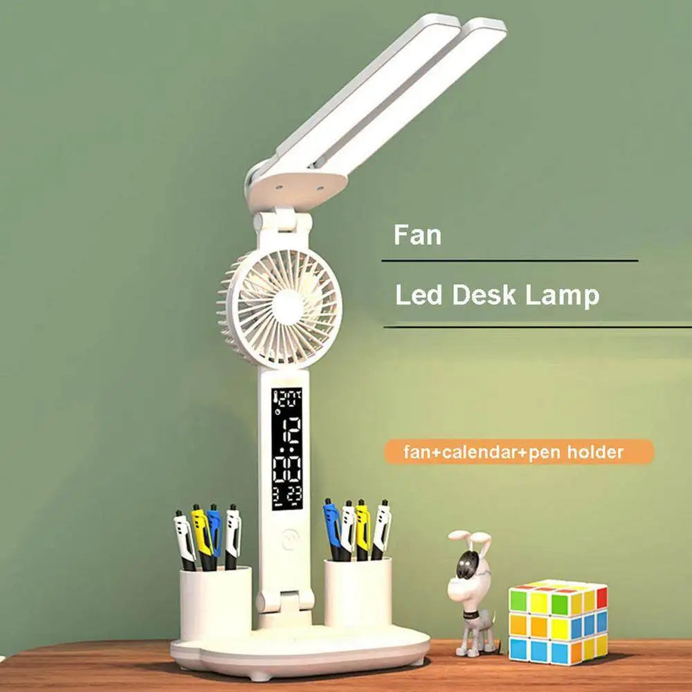 Lampada da tavolo ricaricabile per studio, da scrivania, da lettura, da tavolo a LED con ventola, orologio.