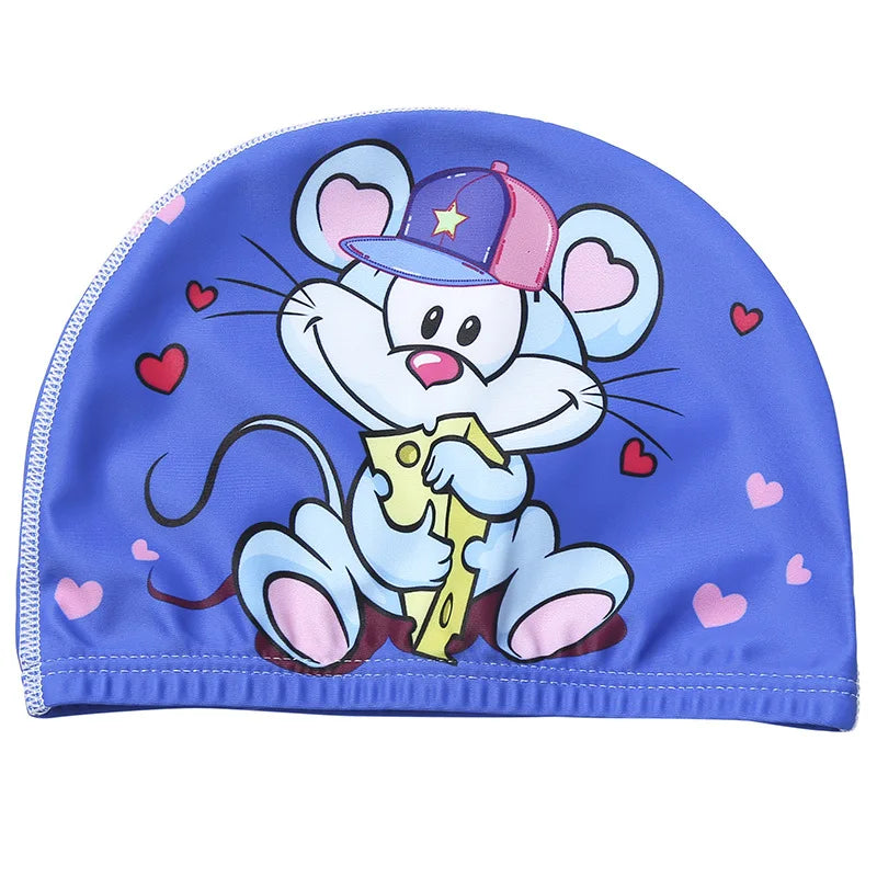 Cuffia da nuoto per bambini. Protezione per capelli e per orecchie in tessuto elastico. Con immagini di cartoni animati.