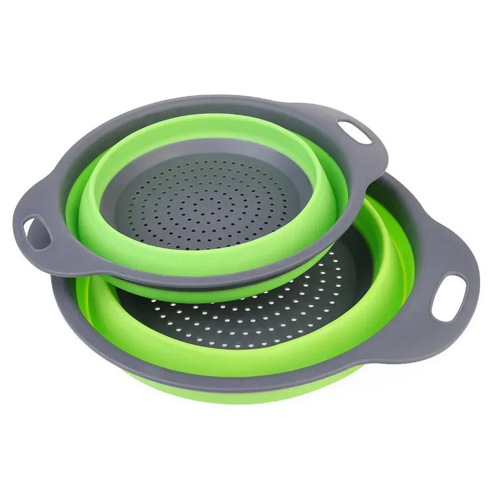 Scolapasta in silicone pieghevole, cestino per lavaggio frutta, verdura e contenitore.