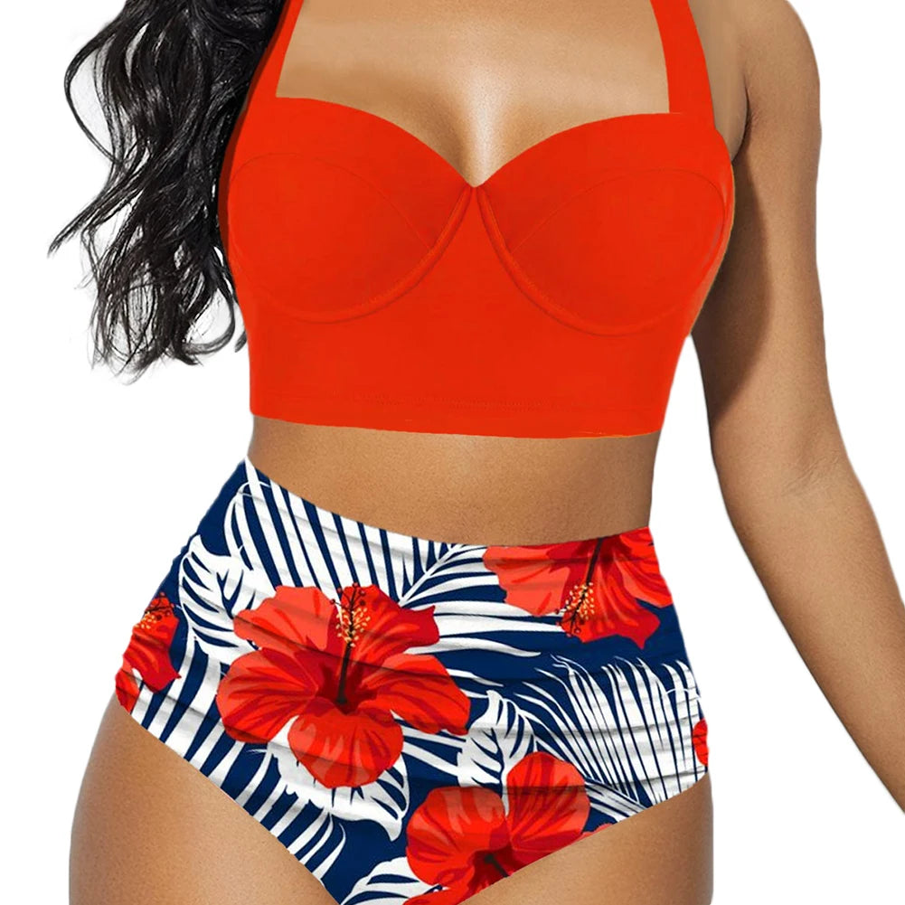 Costume bichini, set 2 pezzi a fascia larga, da donna. Push-up con stampa floreale: eleganza, dinamismo, comfort.
