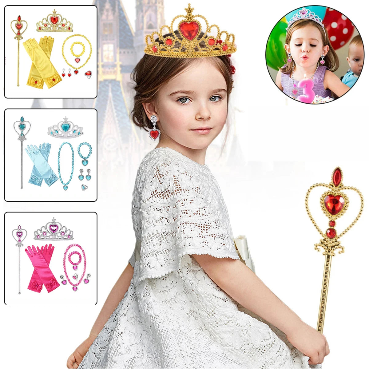 Accessori per abito principessa. Set gioco composto da 7 pezzi da abbinare ad abito per carnevale, cosplay, feste.