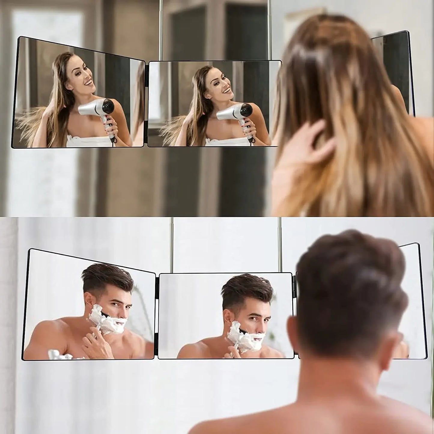 Specchio da trucco a 3 ante pieghevoli per visione a 360°. Con illuminazione a led ricaricabile.