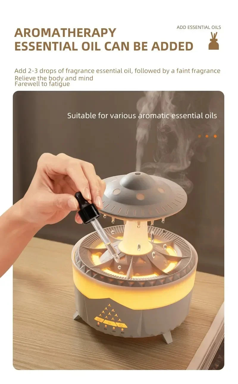 Umidificatore con suono di goccia d'acqua piovana e aromaterapia con diffusore di oli essenziali a luce led a 7 colori