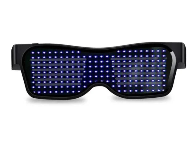 Occhiali a LED colorati Bluetooth con App dedicata. Multilingue, per scrivere e disegnare. I led cambiano col cambiare del ritmo musicale.