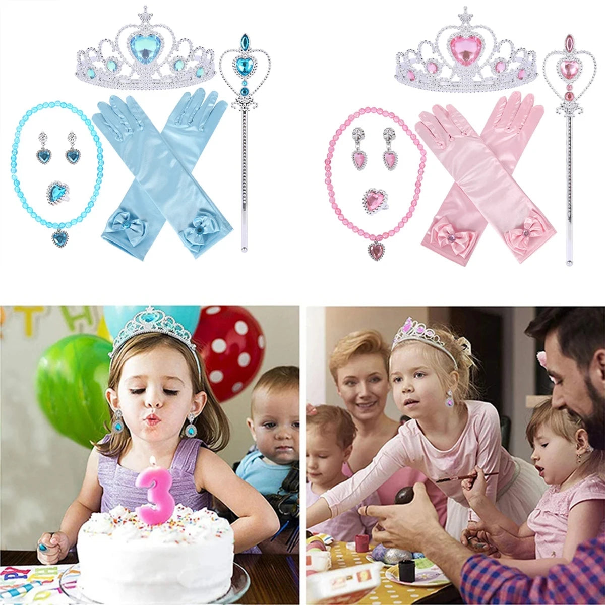 Accessori per abito principessa. Set gioco composto da 7 pezzi da abbinare ad abito per carnevale, cosplay, feste.