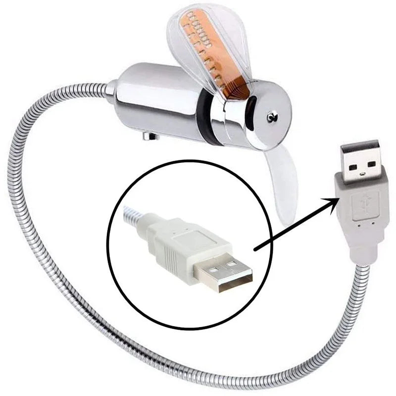 Ventola creativa usb, programmabile con luce LED RGB. Flessibile a collo di cigno, con sritta messaggio fai da te.