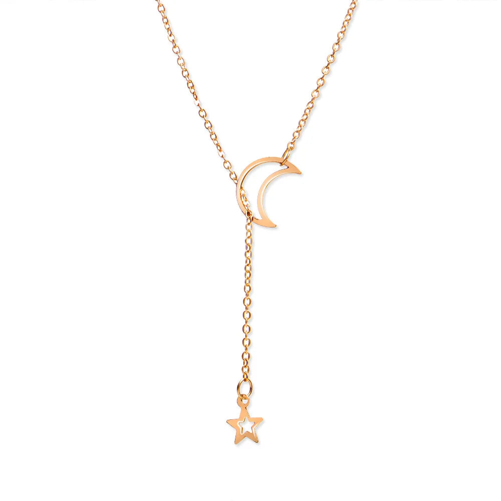 Collana girocollo a maglie lega di zinco con doppio ciondolo: a forma di luna e a forma di stella.