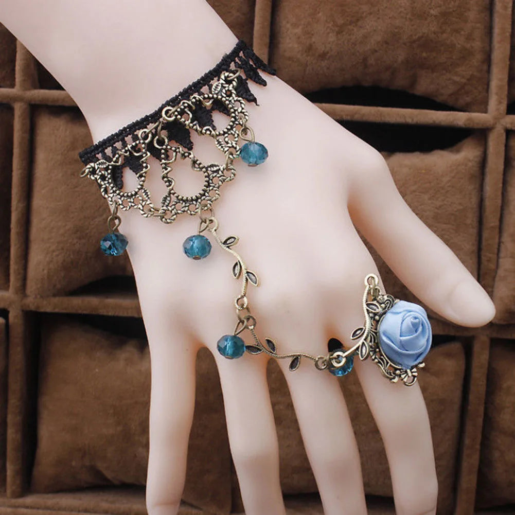 Braccialetto ad anello con collana a scelta. In pizzo nero e metallo, da donna.