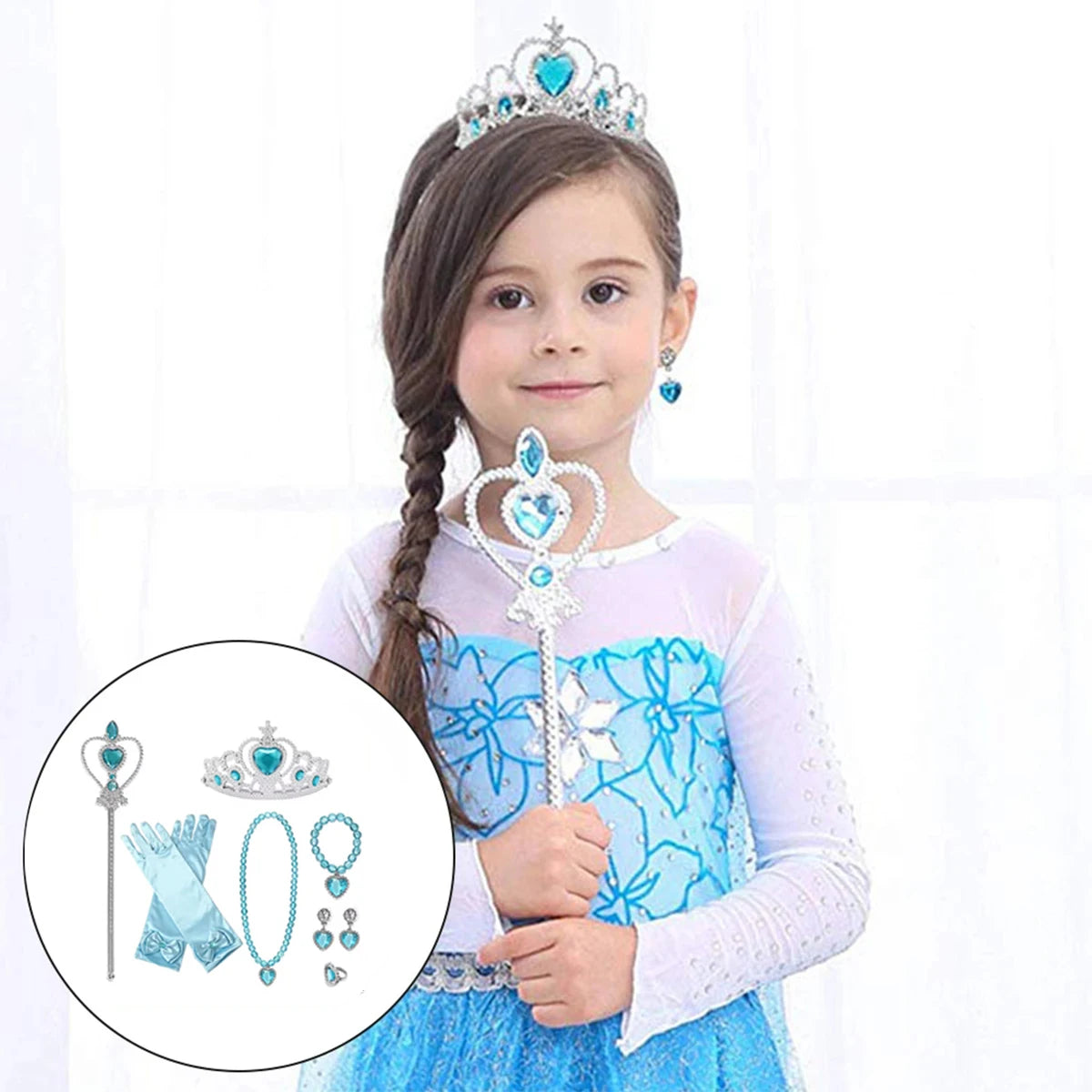 Accessori per abito principessa. Set gioco composto da 7 pezzi da abbinare ad abito per carnevale, cosplay, feste.