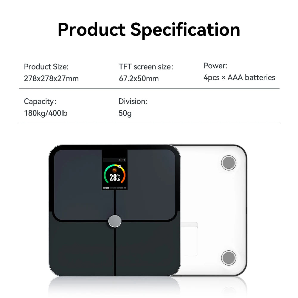 Bilancia intelligente per il corpo. Bilancia digitale intelligente con schermo a colori TFT, frequenza cardiaca, bilancia per peso corporeo intelligente precisa e professionale. Collegamento wireless con smartphone attraverso l’app dedicata.